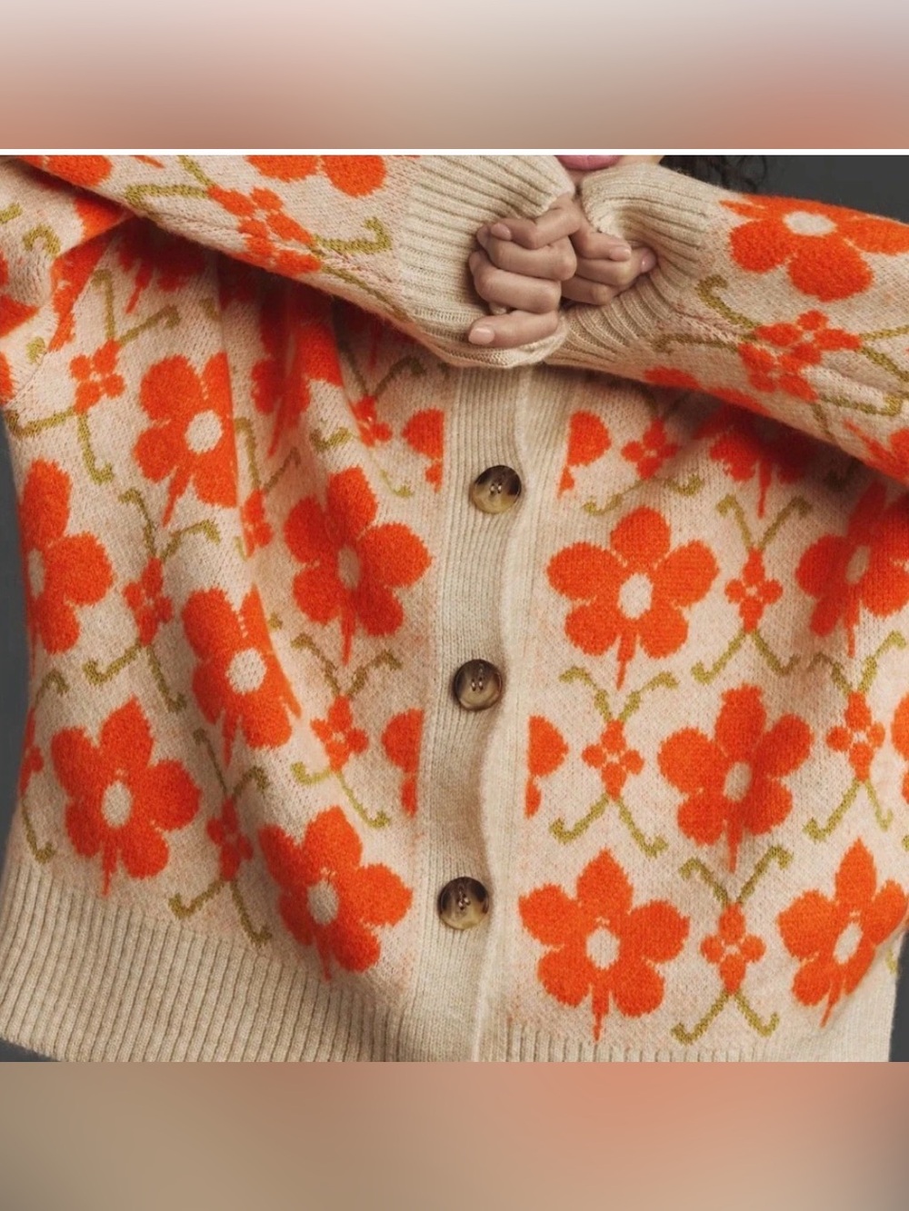 Anthropologie Maeve Intarsia Orange Floral Cardigan Size Large - Picture 11 of 11